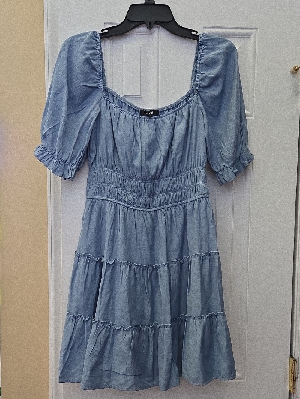 Trixxi Light Blue Tiered Puff Sleeve Mini Dress